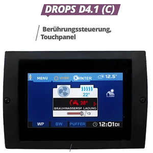 Schwarzes Touchpanel Display der Brauchwasser Trinkwasser Heizungs Wärmepumpe DROPS M4.1D mit a15 w10-55 und Energiel