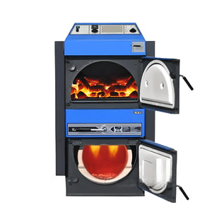 Blaubeere und schwarze Holzofen mit offenen Türen für Atmos KC35S Kohlevergaserkessel