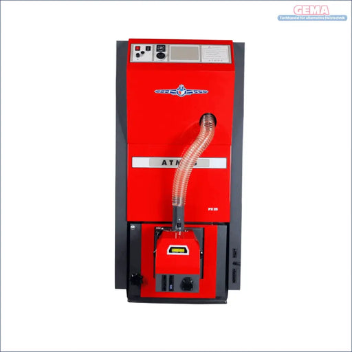Roter und grauer Pelletkessel Atmos Serie PX mit Förderfähigkeit ab 10 kW und 15 kW