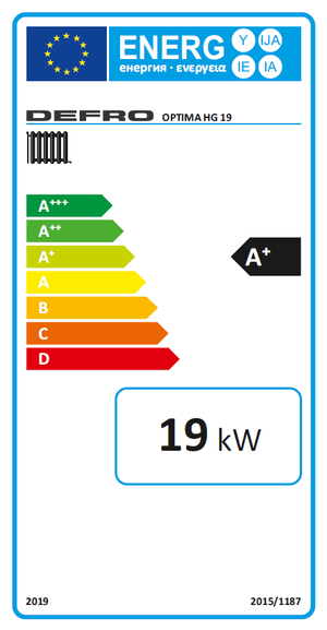 Energieeffizienzlabel für den Heizungsbrenner des Defro Optima HG Holzvergaserkessel
