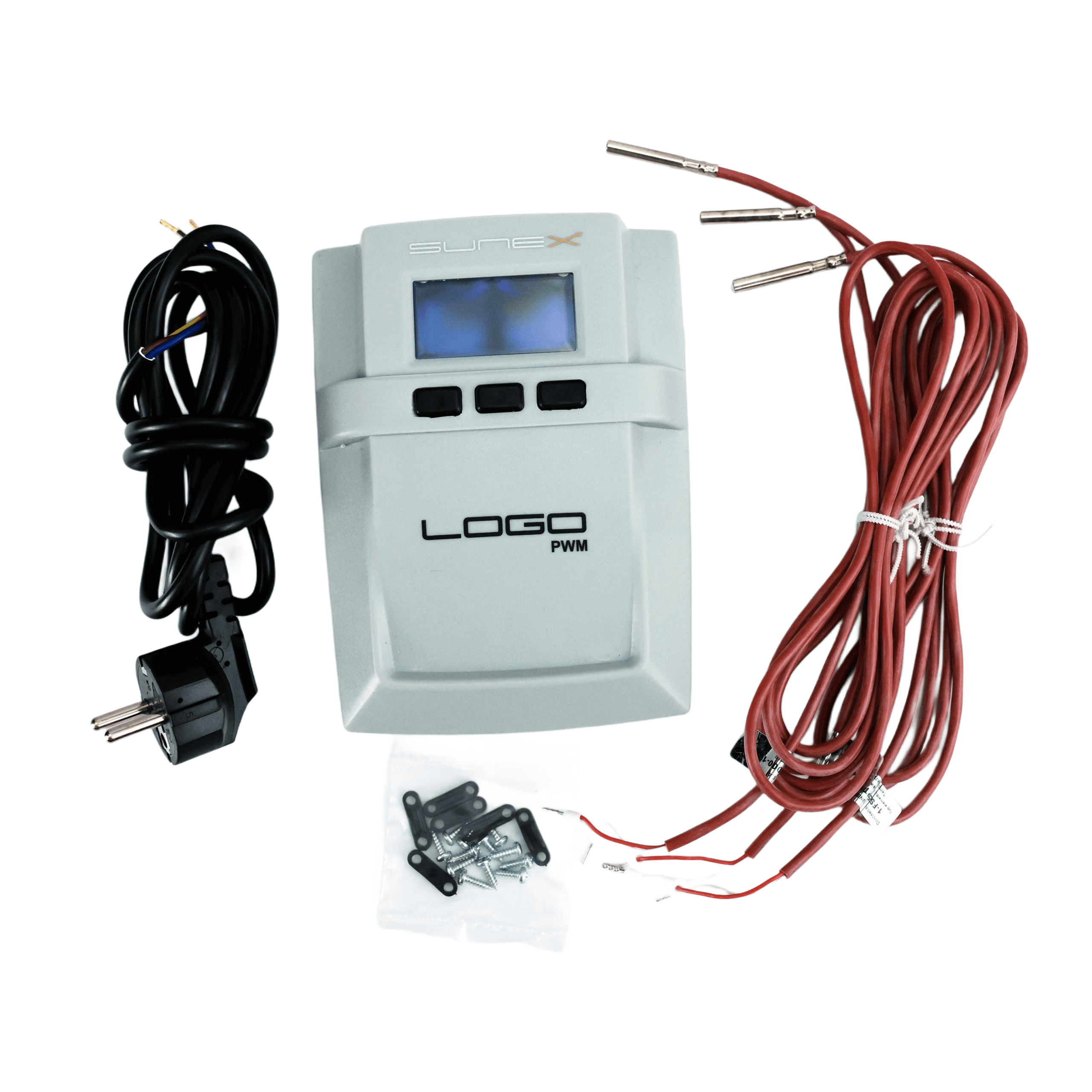 Weiße elektronische Steuerungseinheit Sunex Solarregelung Logo PWM mit Sensoren und Netzkabel