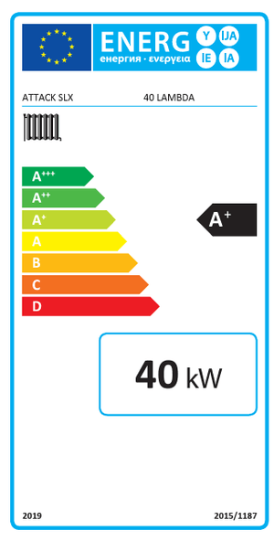 Energieeffizienzlabel auf Attack SLX Lambda 40 kW Holzvergaser, umweltfreundlich