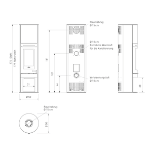 Technische Zeichnung des Edilkamin Tally S Evo 9,1 kW Kaminofens mit Maßen
