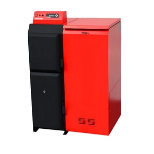 Red und schwarze Heizungsanlage Thermoflux Pelling mit Liter Pufferspeicher und einfacher Bedienung