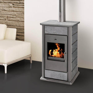 Moderner wasserführender Kaminofen Alicante mit Glas, Flammen, Stein-Design, selbstschließende Tür