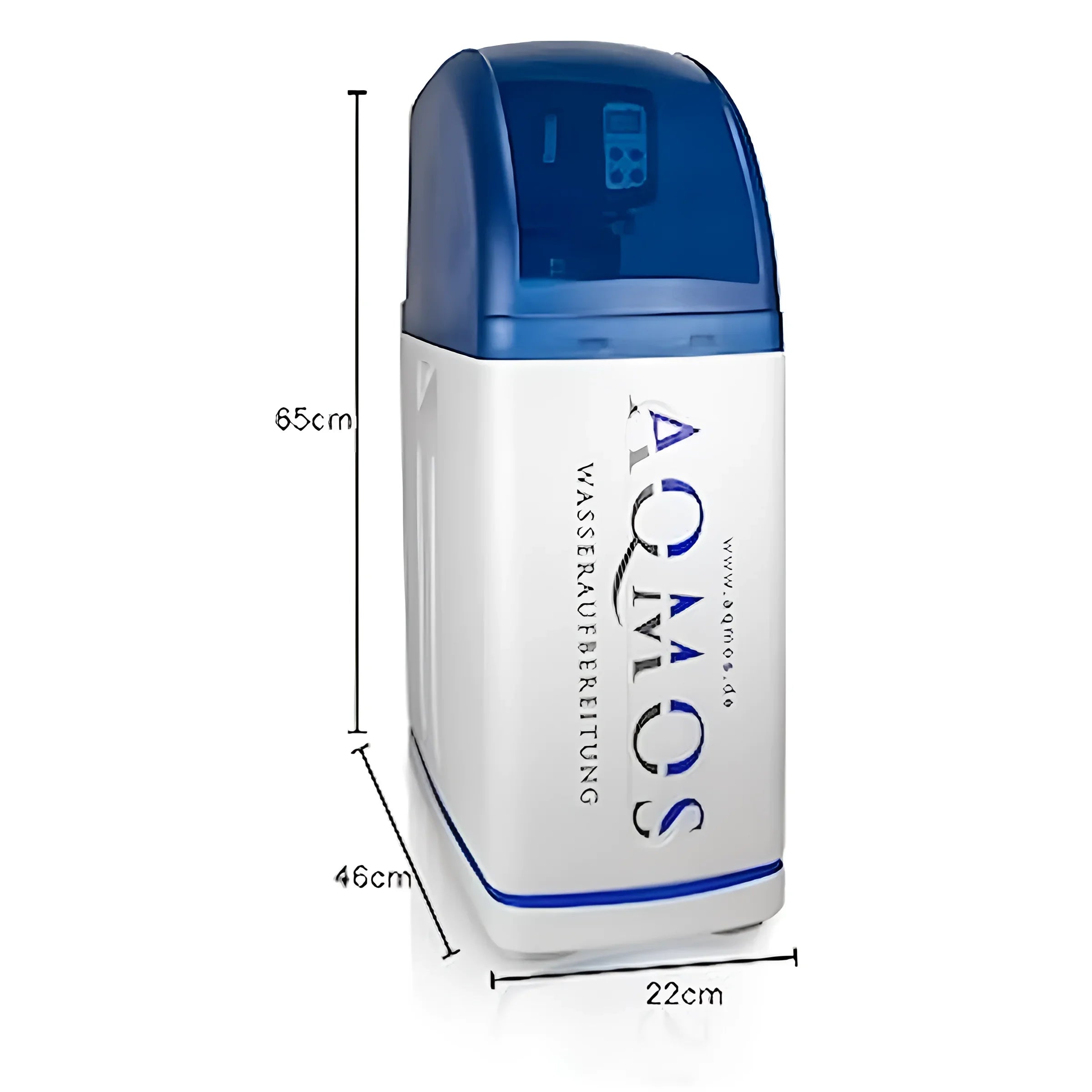 Wasserenthärtungsanlage AQMOS zur effektiven Wasseraufbereitung 💧🛠️ 65cm hoch, 22cm breit, 3200L Kapazität.