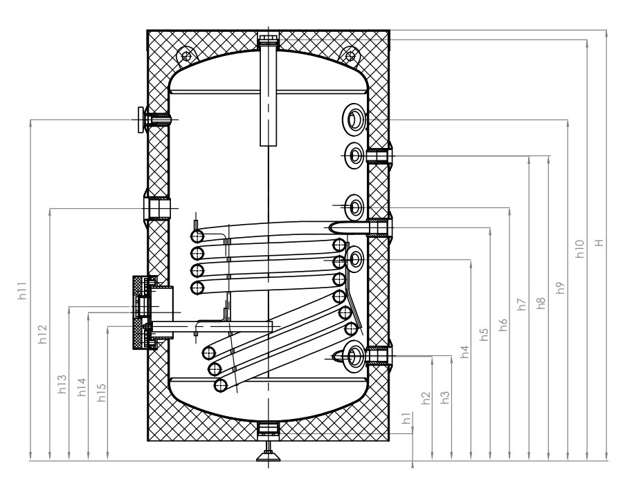 Technische Zeichnung des Warmwasserspeichers Fish S1 X, mit detaillierten Maßen und Anschlussoptionen. 🔧💧