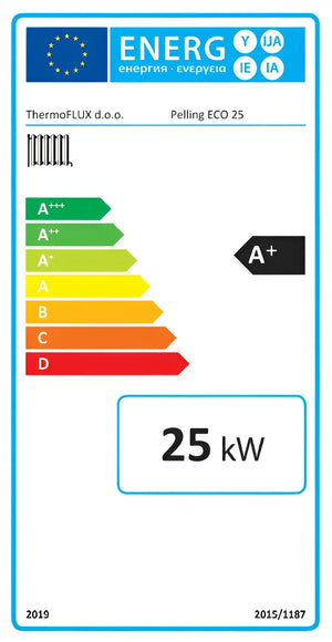 Energieeffizienz-Label am Thermoflux Pelling 25/230 mit Liter Pufferspeicher für effiziente Heizlösung