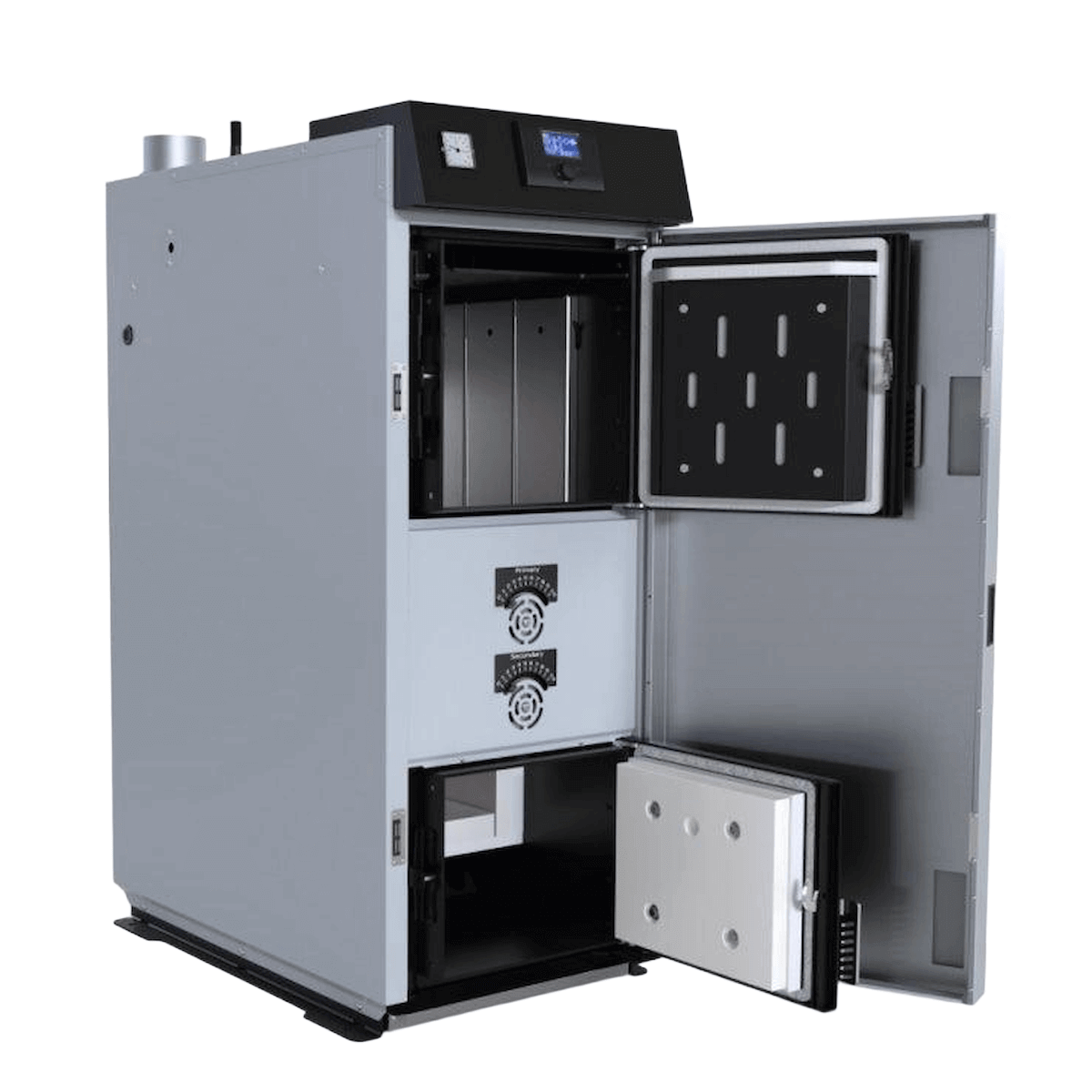 Offener grauer Ofen im Defro Optima HG Holzvergaserkessel 32 kW Heizgerät