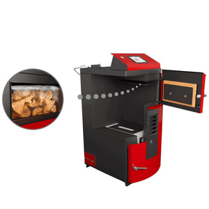 Bild eines roten und schwarzen Holzvergaser-Kessels Attack SLX Profi 25 kW mit robuster Bauweise