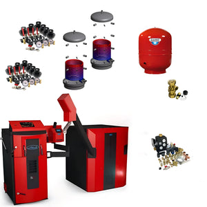 Heating system components of Rotes und schwarzes Pelletskesselsystem mit Pufferspeicher inklusive attack slx kombi20