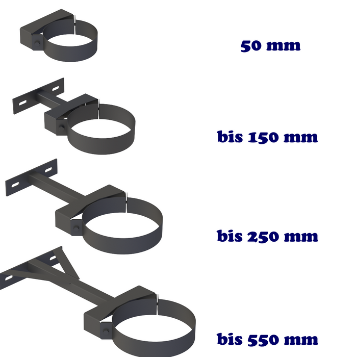 Schornsteinhalterungen in verschiedenen Größen: 50 mm, bis 150 mm, 250 mm, bis 550 mm, robustes Design.