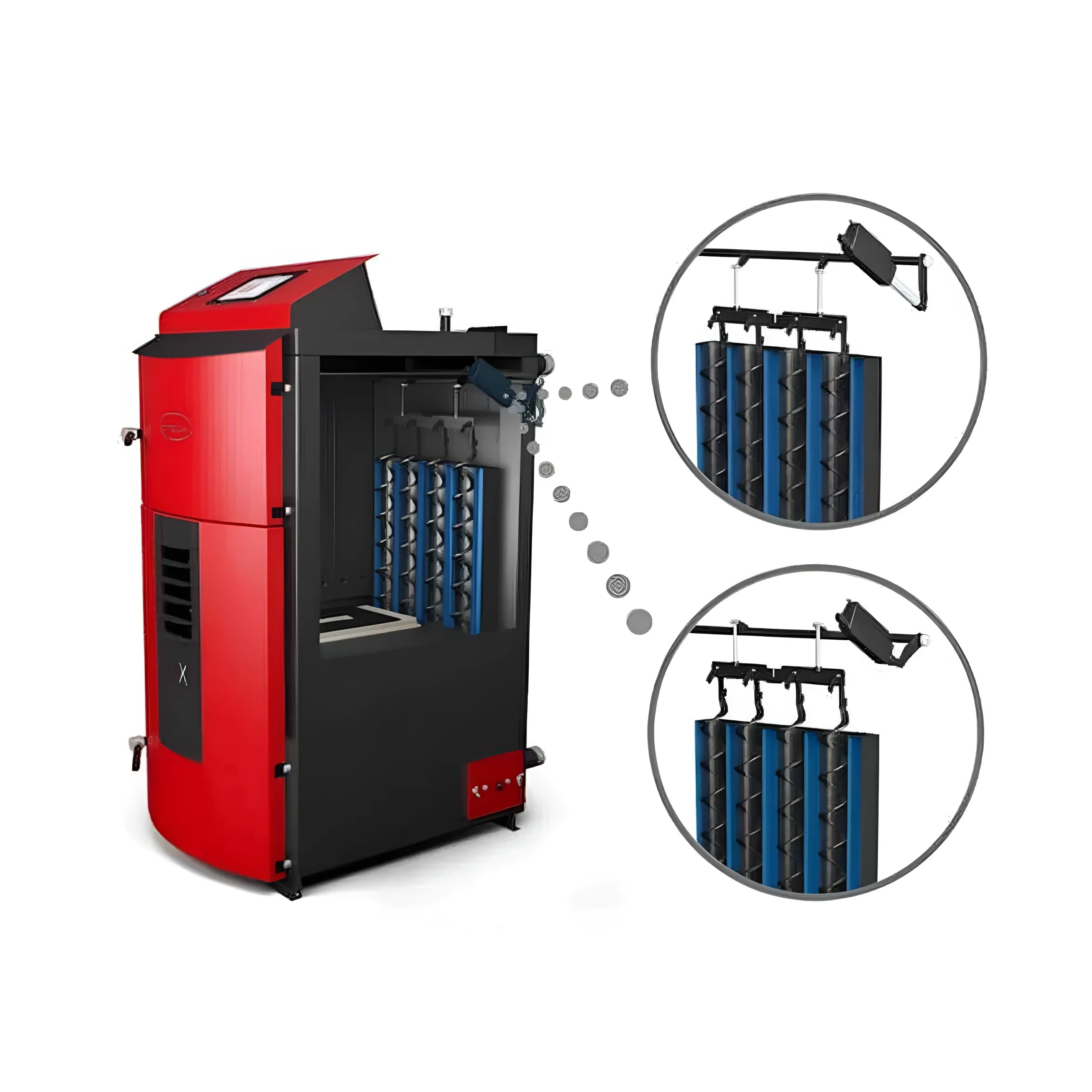 Rotes und schwarzes Pelletskesselsystem mit Pufferspeicher und Attack SLX Komponenten