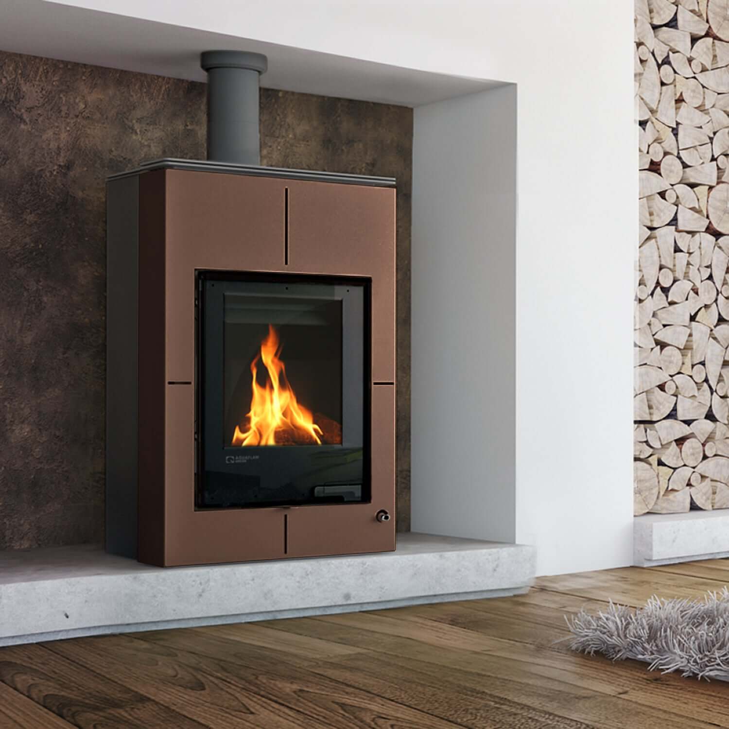 Vario Saporo Kaminofen mit ⭐ Flammen, stylishem Design und Holzscheitlagerung. 🏡 Perfekt für effizientes Heizen!