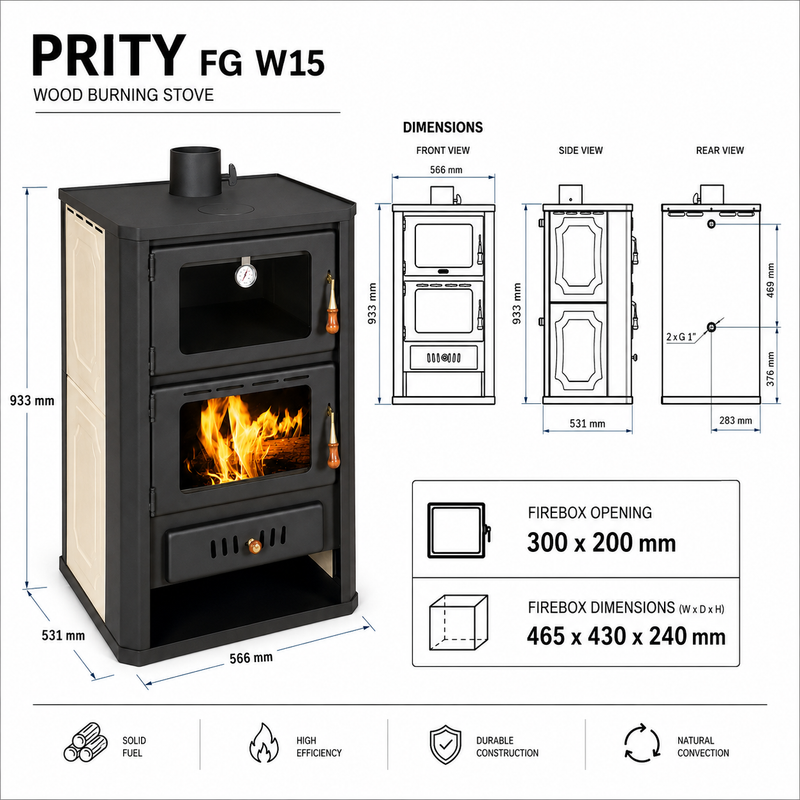 Poêle à bois avec four Prity gris - 19,8 kW
