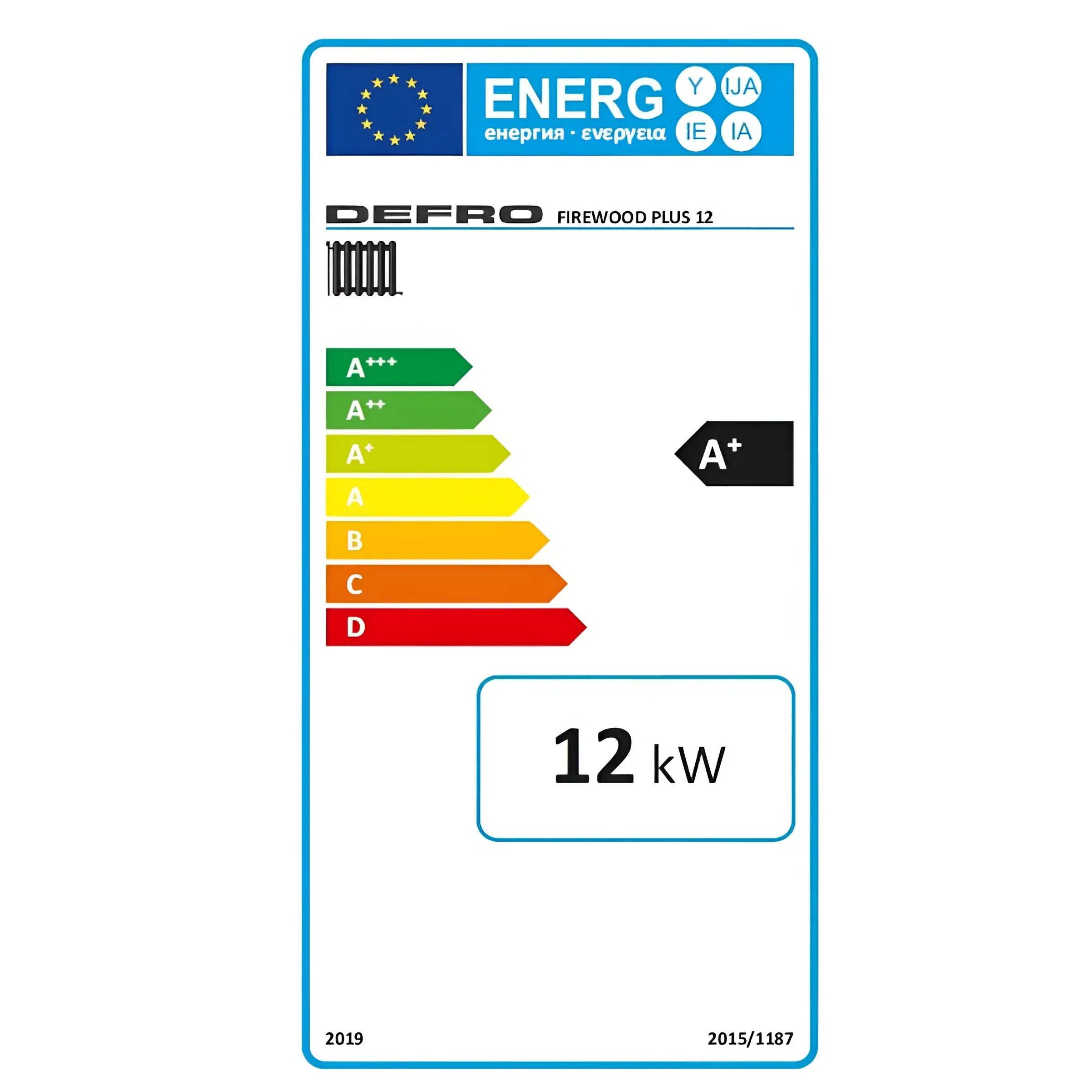 Energieeffizienzlabel für Defro Firewood Plus 12 kW Heizkessel 🔥 mit A+ Bewertung und 12 kW Leistung.