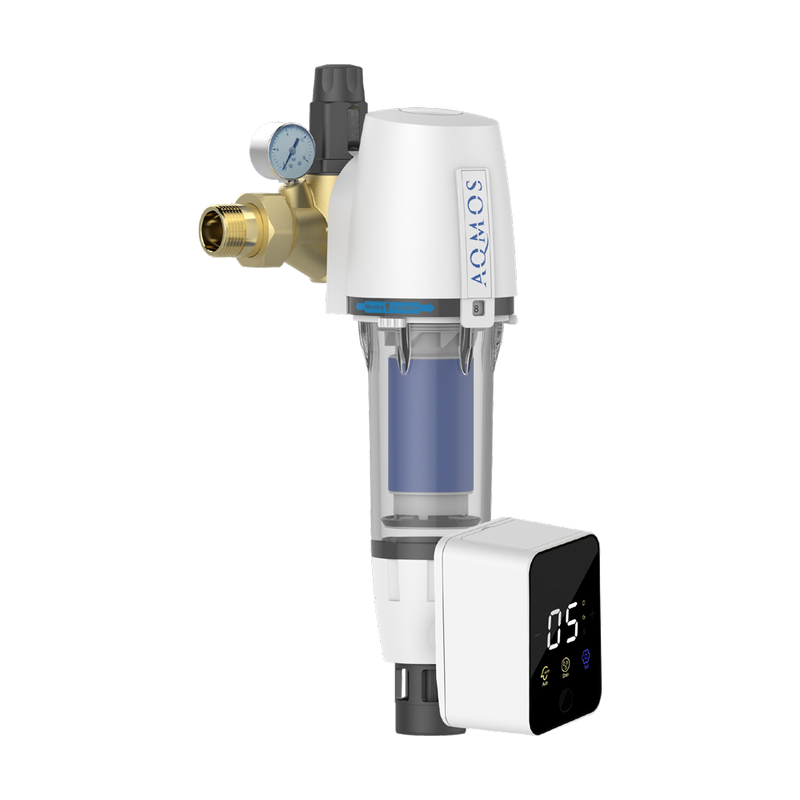 Filtre à eau domestique Aqmos avec filtre à contre-courant automatique, réducteur de pression et manomètre