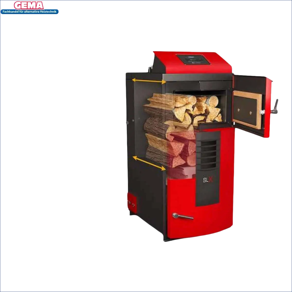 Roter und schwarzer Holzofen mit offenem Tür, Attack SLX Kombikessel 25 kW