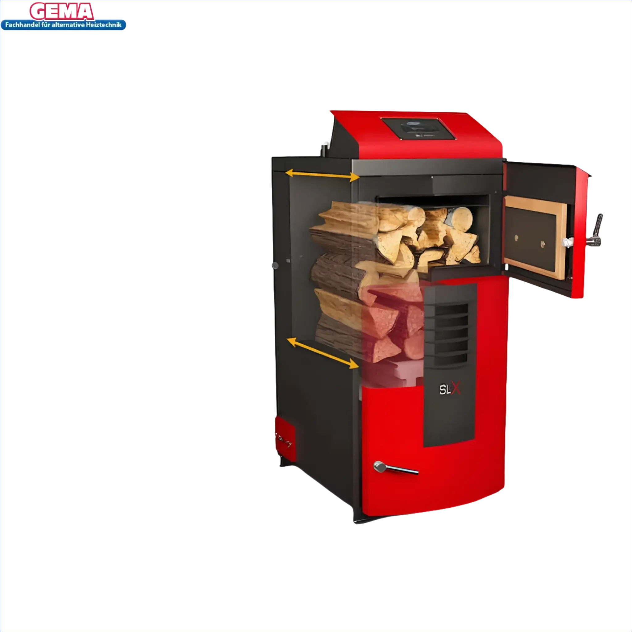 Red und schwarz Holz-Pellet-Kessel Attack SLX Kombikessel mit beeindruckenden Wirkungsgrad