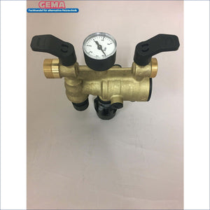 Brass manifold mit Druckmesser und schwarzen Griffen für automatische Heizungs-Füllarmatur boilers