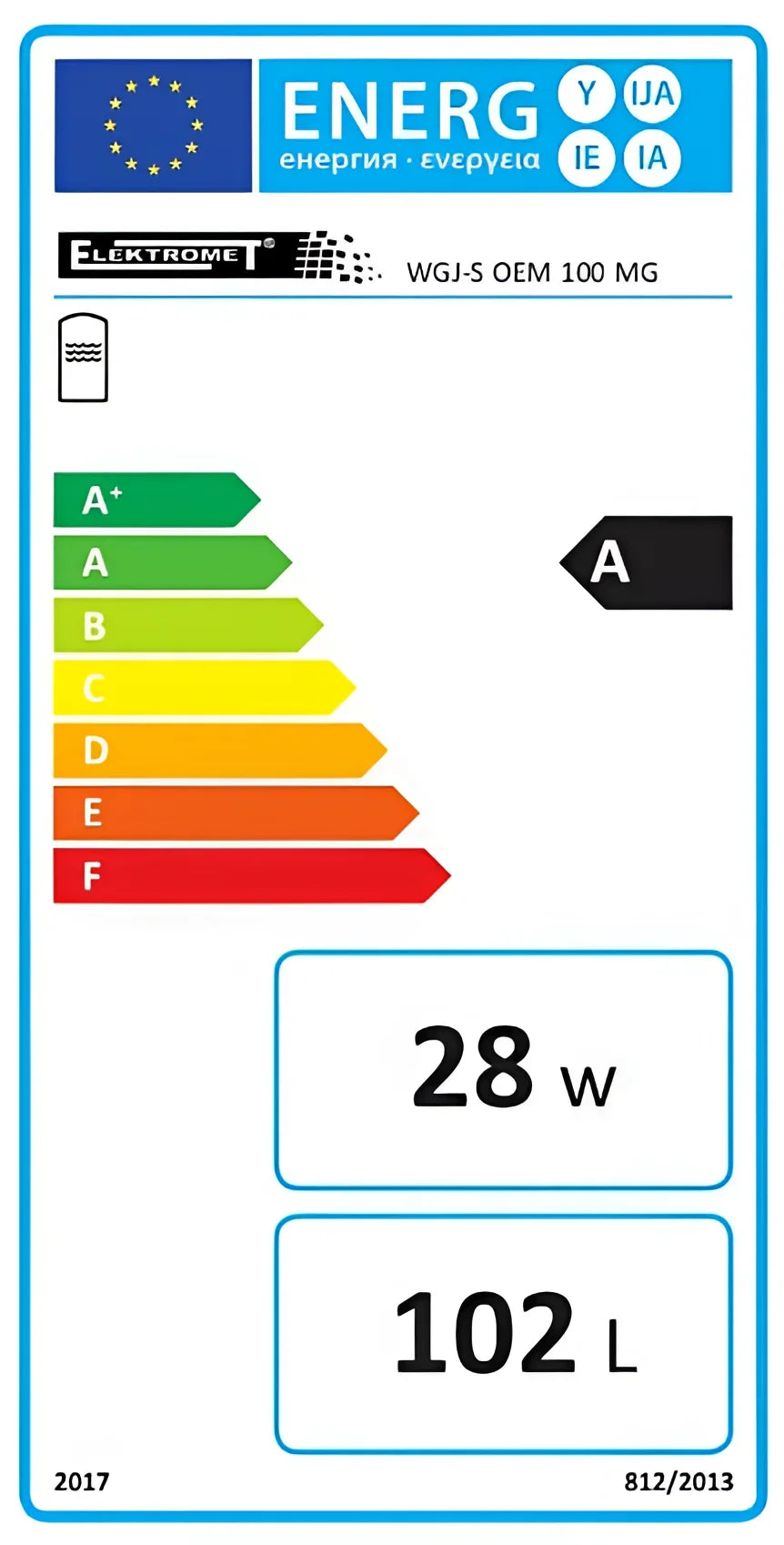 Energy efficiency label on Warmwasserspeicher 100 Liter mit 1,5 kW Heizstab, perfekte Sicherheitslösung