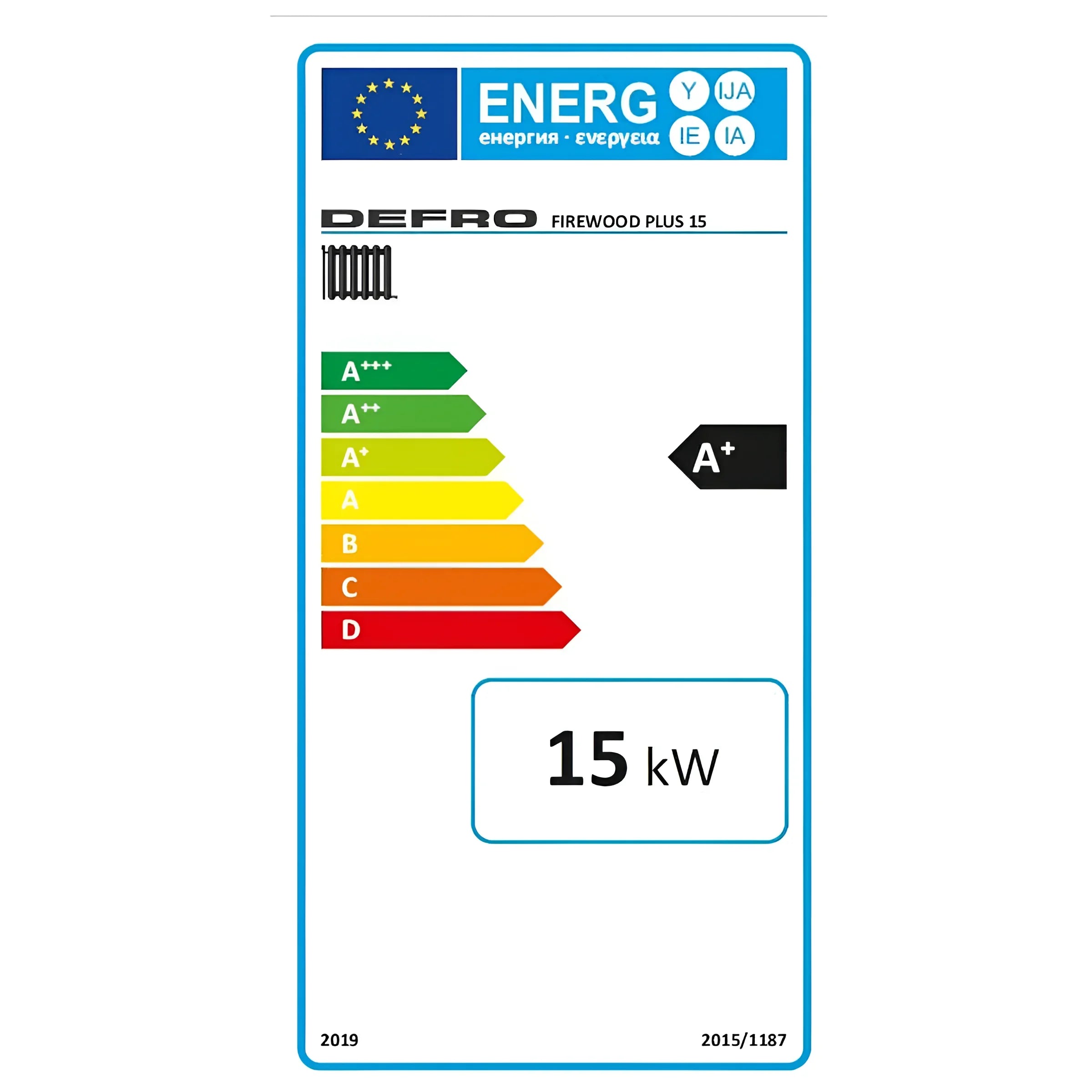 Energieeffizienzlabel für Defro Firewood Plus 15 kW 🔥, zeigt A+ Bewertung und technische Details 📊