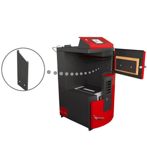 Rot-Schwarzer Holzvergaserkessel Attack SLX Profi 25 kW mit offener Tür, robuste Bauweise