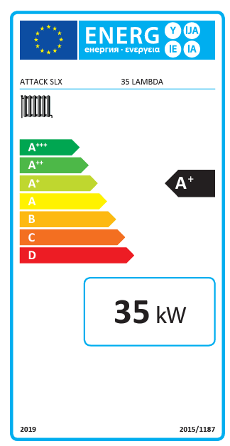 Energieeffizienzlabel für Heizgerät Holzvergaser Attack SLX Lambda Touch 35 kW