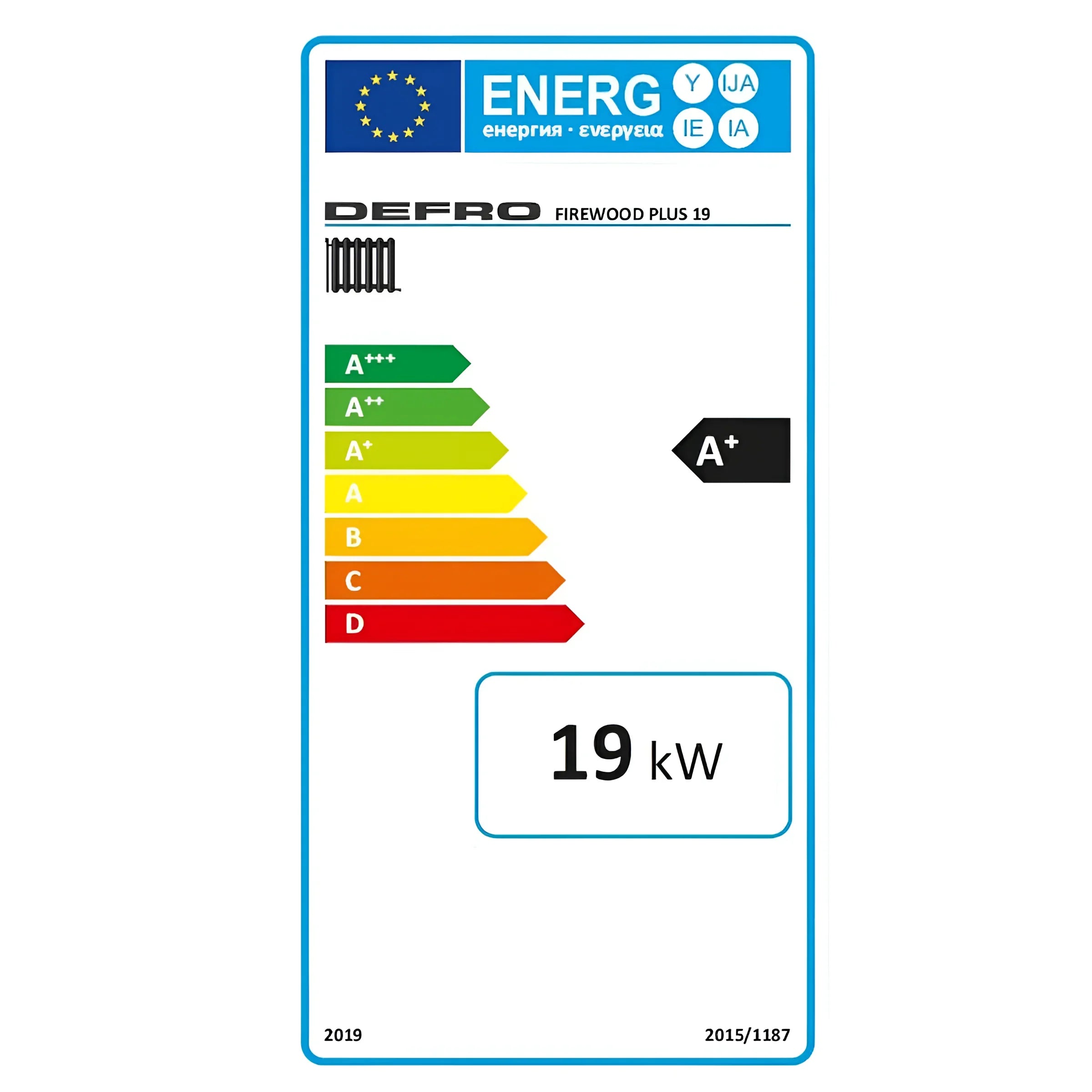 Energieeffizienzlabel für Defro Firewood Plus 19 kW 🔥 mit A+ Bewertung und Heizsystemdetails