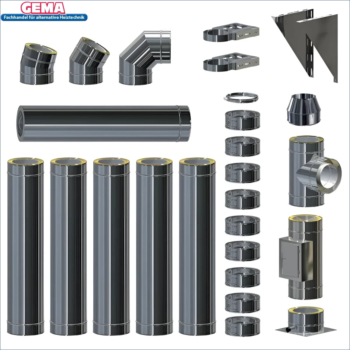 Assorted metal chimney components für Edelstahlschornstein doppelwandig mit verschiedenen Durchmessern