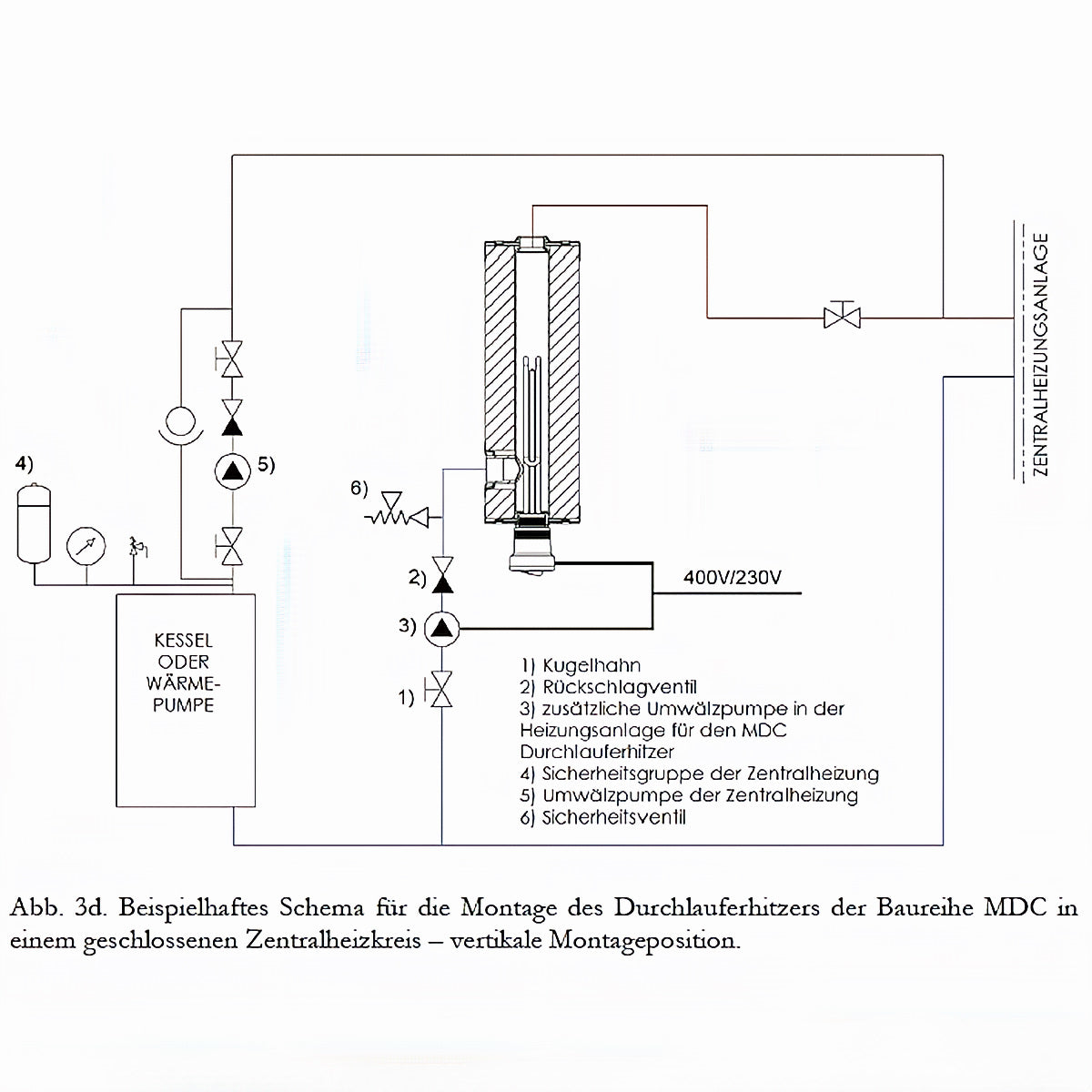 Diagram zur Installation des Durchlauferhitzers MDC 400 plus in Heizsystem