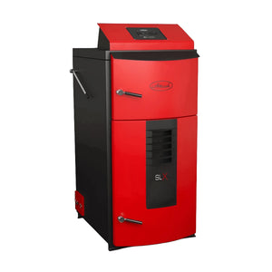 Bild eines roten und schwarzen Holzvergaserboilers vom Holzvergaserkessel Attack SLX Profi 25 kW mit robuster Bauweise