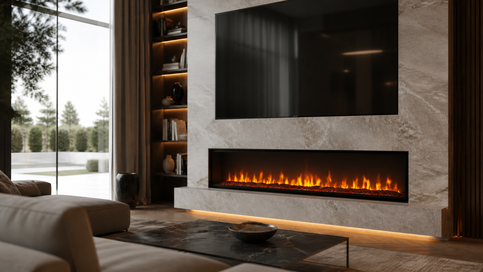 Cheminée électrique moderne dans un salon avec effet de flammes réaliste et habillage haut de gamme