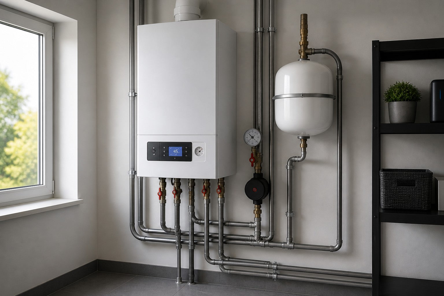 Chaudière électrique dans une chaufferie moderne avec tuyauterie et vase d'expansion