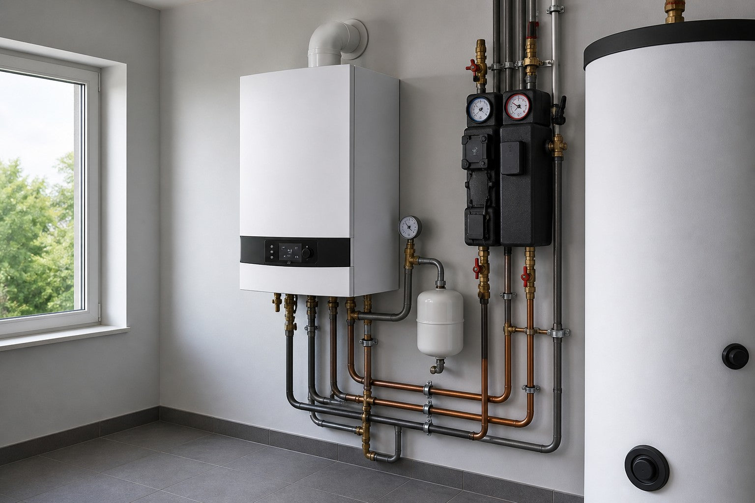 Chaudière à condensation au gaz dans une chaufferie moderne avec ballon et installation de tuyauterie propre