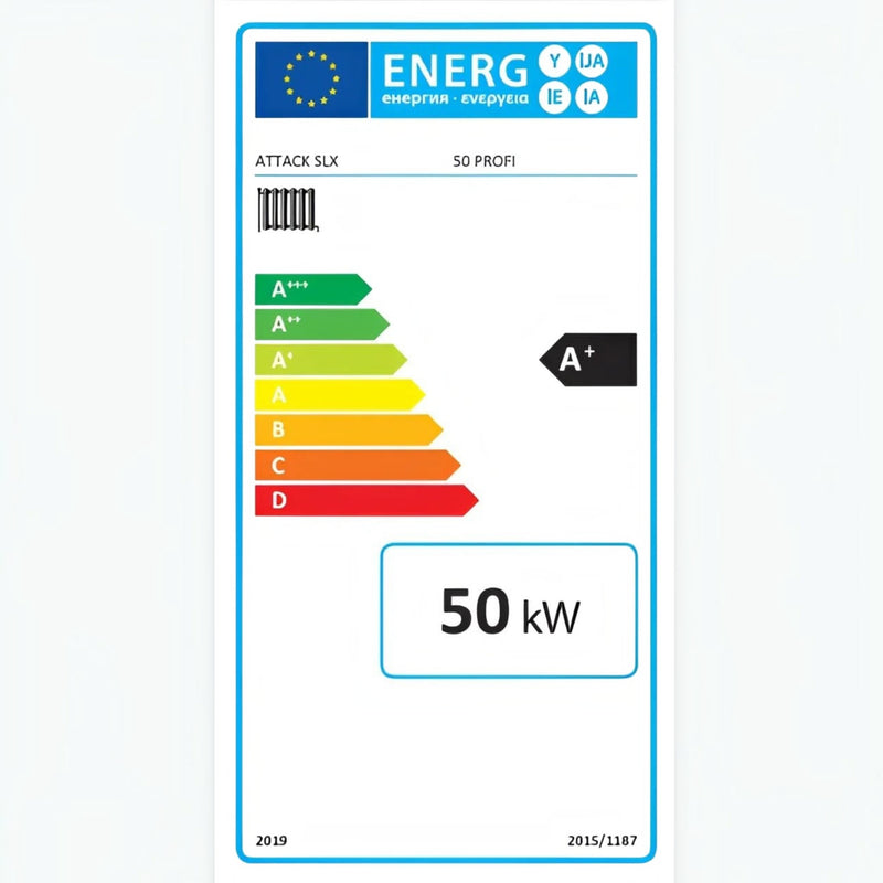 GEMA Shop Étiquette énergétique UE pour chaudière à bois ATTACK SLX 50 PROFI, puissance nominale de 50 kW et classe d'efficacité énergétique A+