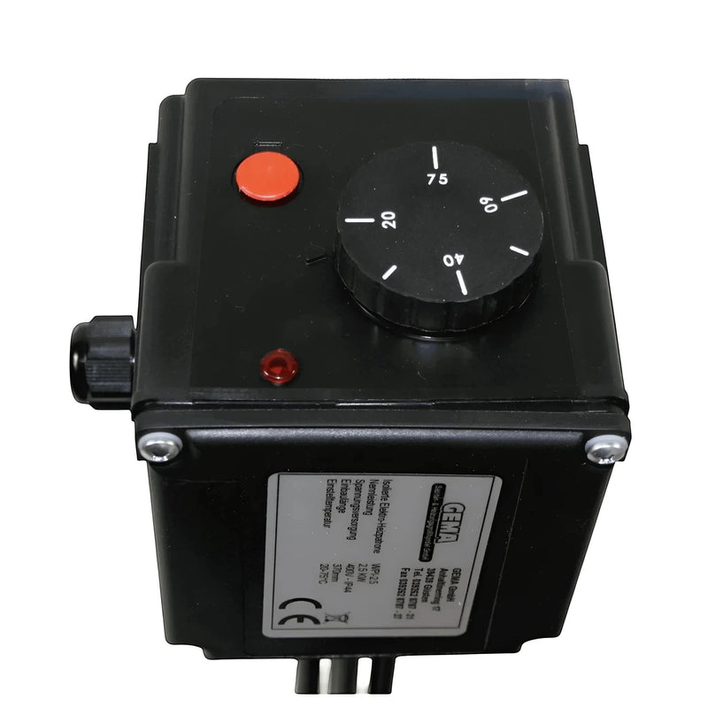 GEMA Shop Cartouche chauffante électrique avec boîtier noir, thermostat, interrupteur de sécurité rouge et voyant lumineux.