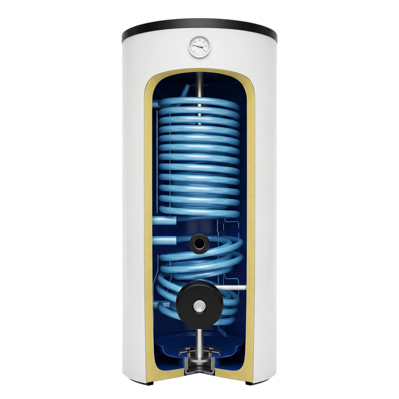 GEMA Shop Sunex Fish S16 Réservoir de pompe à chaleur avec deux échangeurs thermiques bleus en coupe