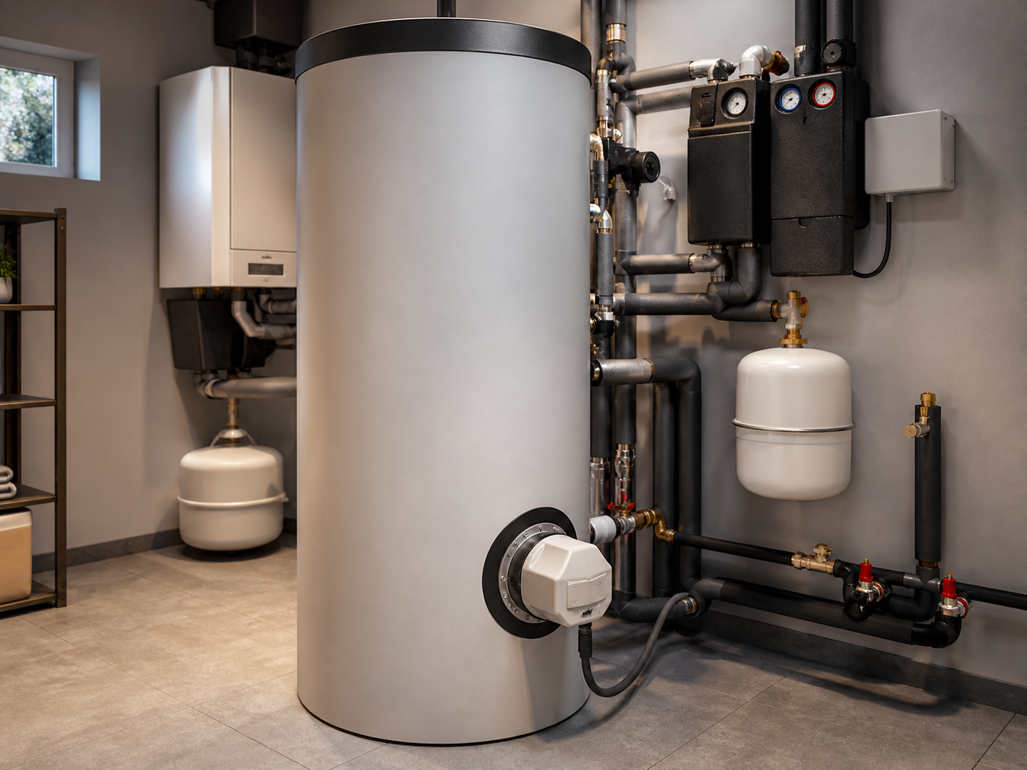 Heizstab an moderner Speichertechnik im sauberen Heizungsraum mit fachgerechter Installation