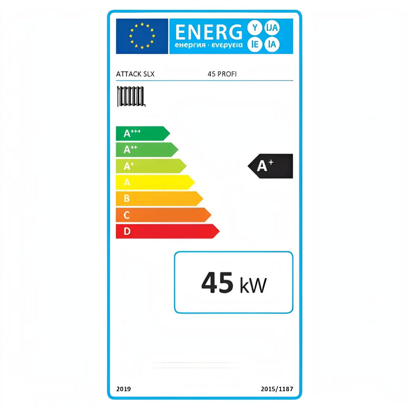 Étiquette d'efficacité énergétique A+ de la chaudière à gazéification du bois ATTACK SLX 45 PROFI de 45 kW