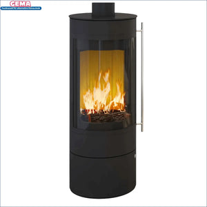 Black cylindrical kaminofen Pular Compact mit patentierte Verbrennungstechnik erlaubt und dibt-Zulassung beantragt