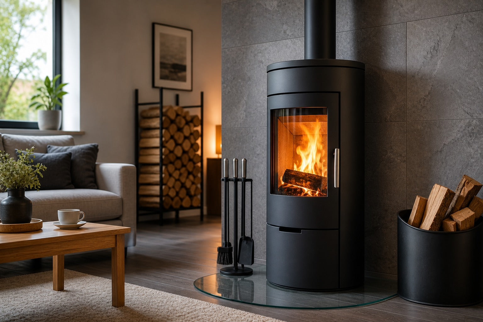 Poêle à bois complet avec insert, tuyau de poêle et accessoires pour cheminée dans un intérieur moderne