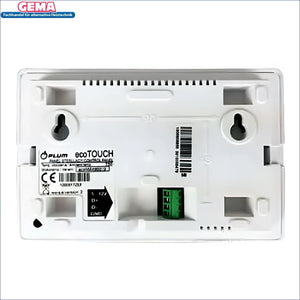 Weiße wandmontierte Steuerung mit grünem Klemmenblock für PLUM ecotouch Raumthermostat Erweiterung GC920