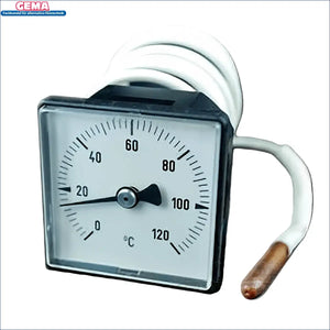 Analoges Thermometer Defro DS Heizkessel mit quadratischem Gehäuse, Kupfersensor und Spiralschlauch