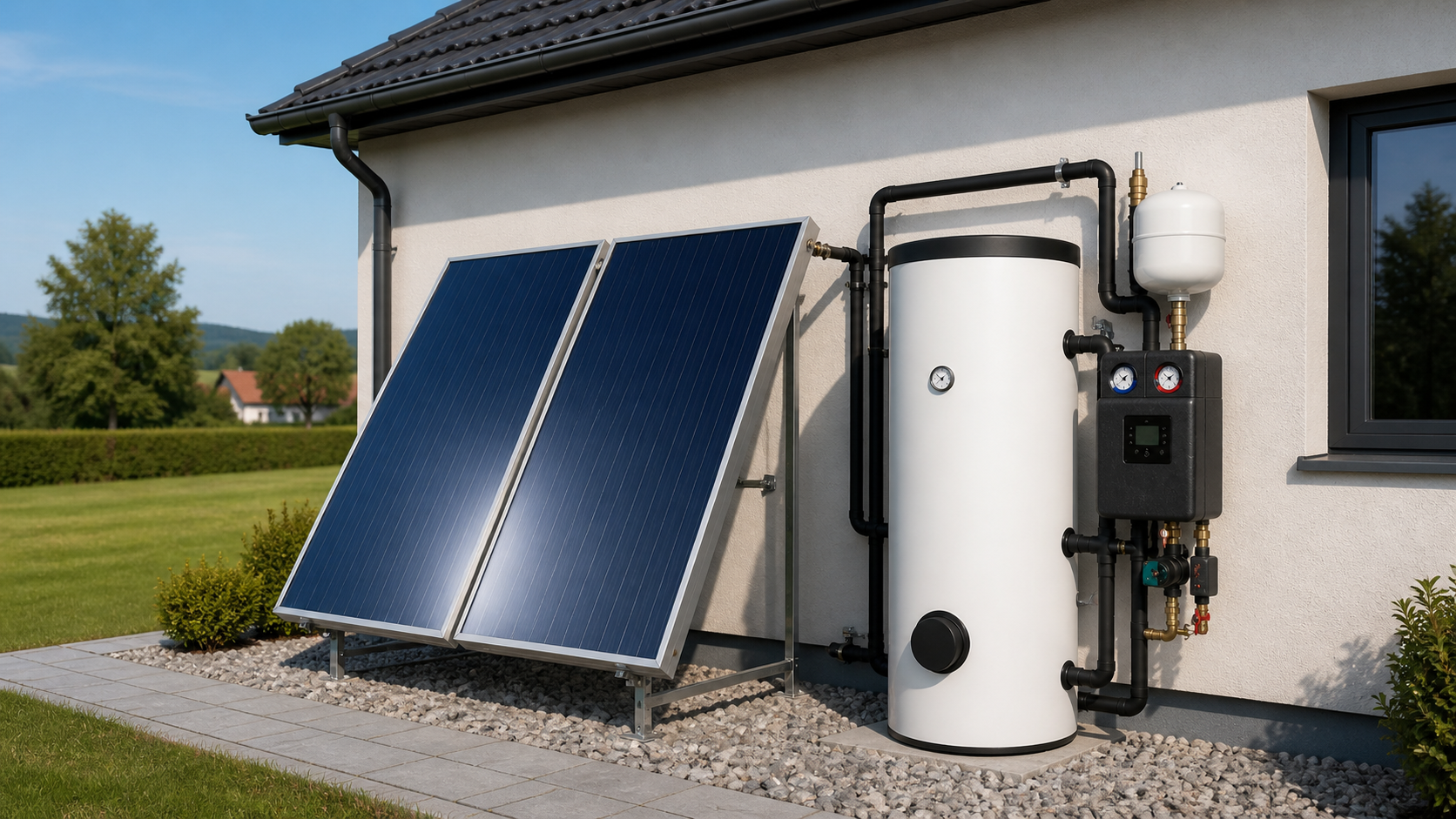 Pack complet solaire thermique avec capteurs, ballon et technique système dans une chaufferie moderne