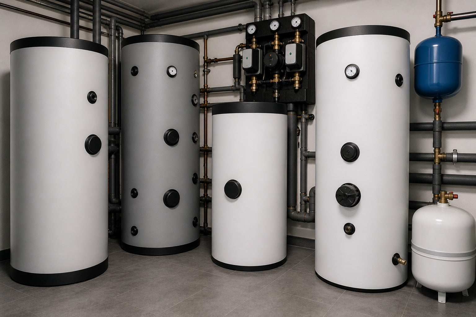Technologie de stockage avec ballons tampons, ballons d'eau chaude et installation de tuyauterie dans une chaufferie moderne