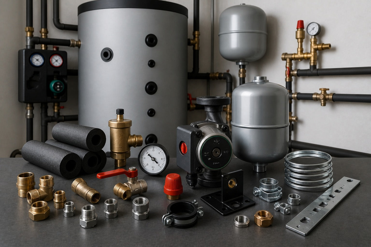 Accessoires de stockage avec raccords, pompe, vase d'expansion et matériel de raccordement en chaufferie