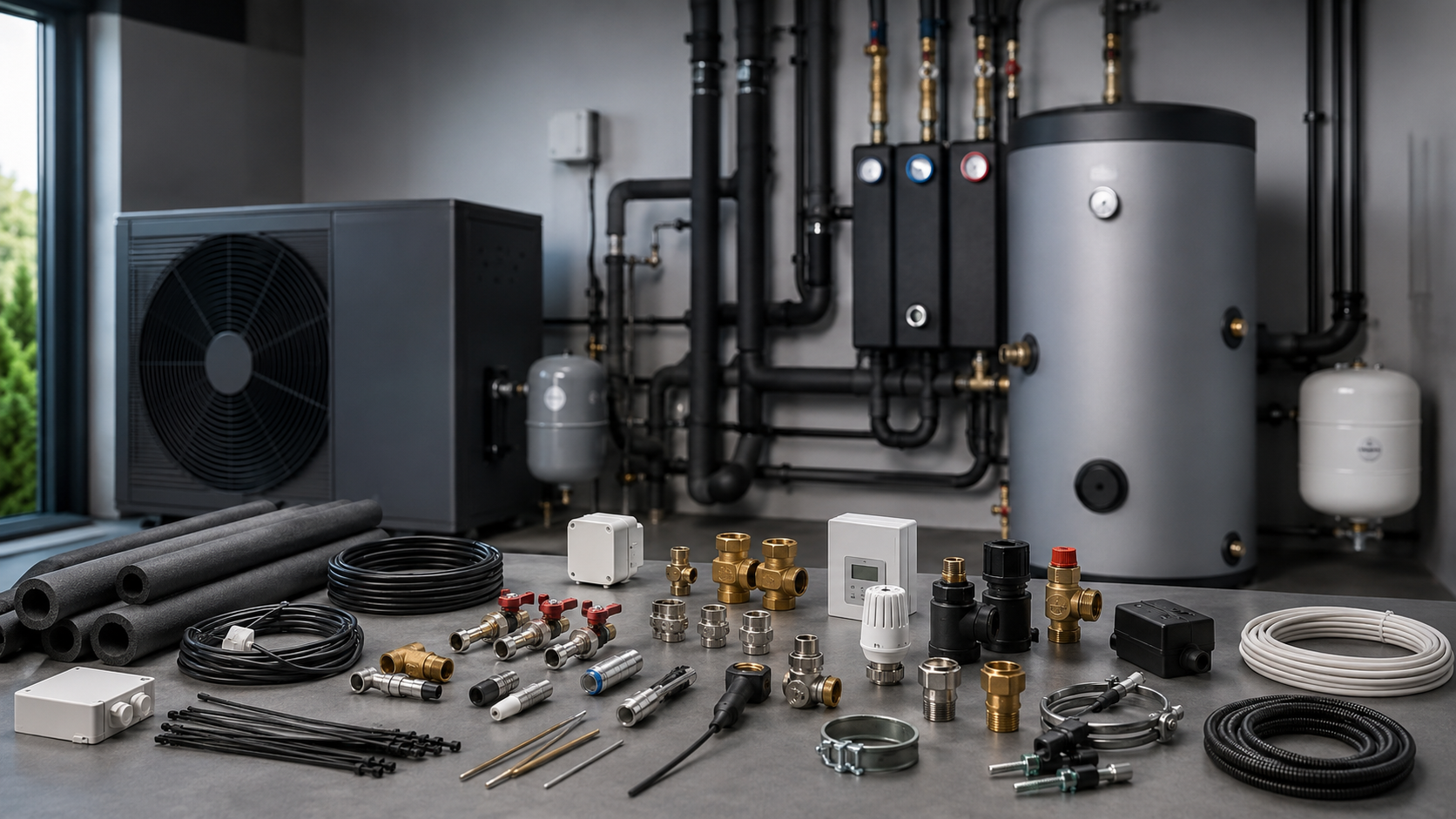 Accessoires et pièces détachées pour pompes à chaleur dans un local technique propre avec composants hydrauliques et de régulation