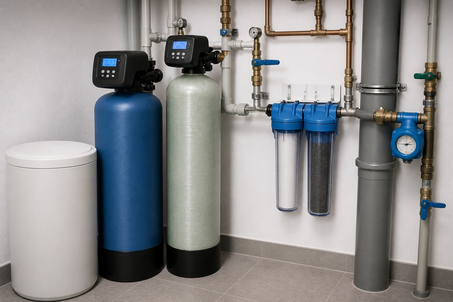 Wasseraufbereitung mit Enthärtungsanlage, Filtergehäusen und Rohrinstallation im Technikraum