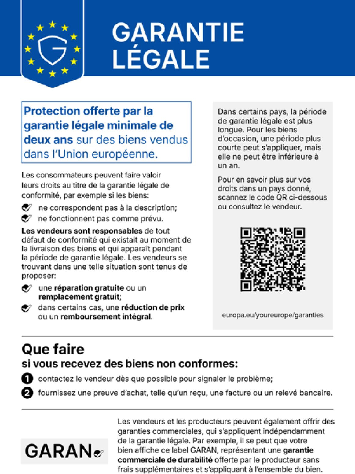 Notice harmonisée de l’UE sur la garantie légale de conformité
